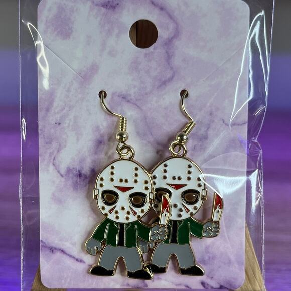 Jason Halloween Bloody Spooky Horror Character Earrings Handmade Boo Basket Gift - Picture 1 of 1